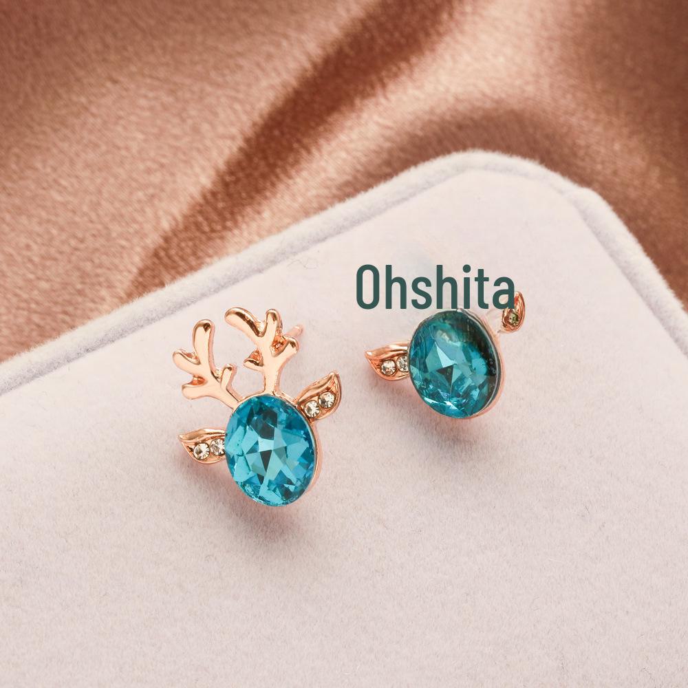 Crystal Gem Antler Earrings - Three-Dimensional Christmas Reindeer Design