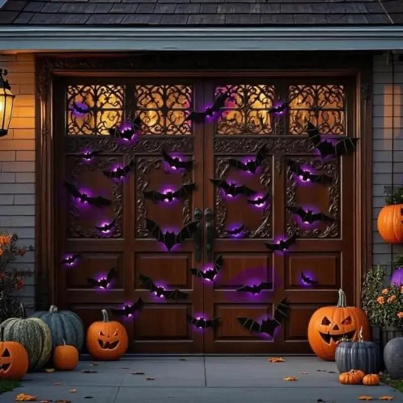 Halloween 3D Spider Bat Wall Stickers with LED Flash Lights Scary Atmosphere Party Supplies Window Home Decoration