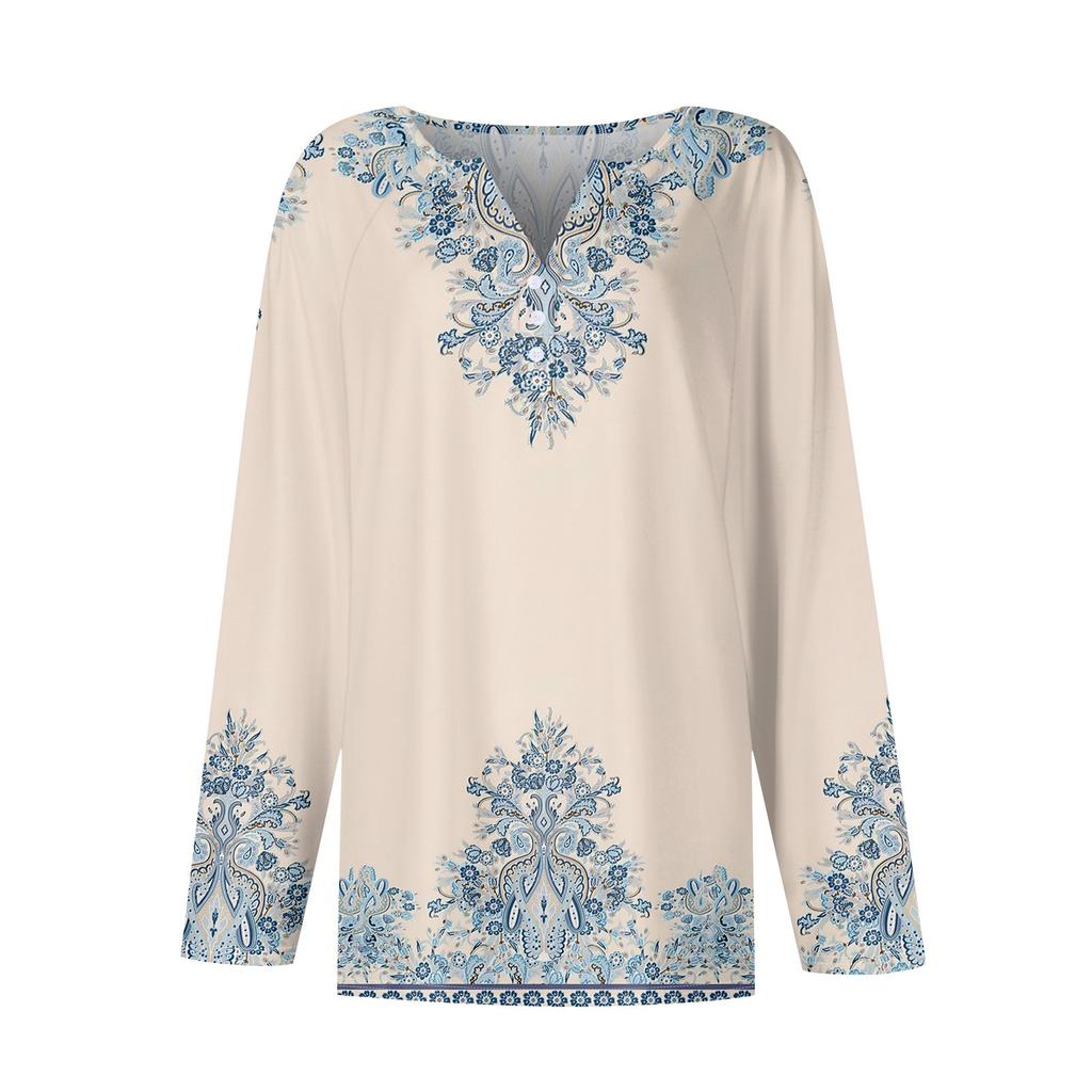 Women's Fashion Casual Printed V-neck Long Sleeve Button Up T-shirt Top