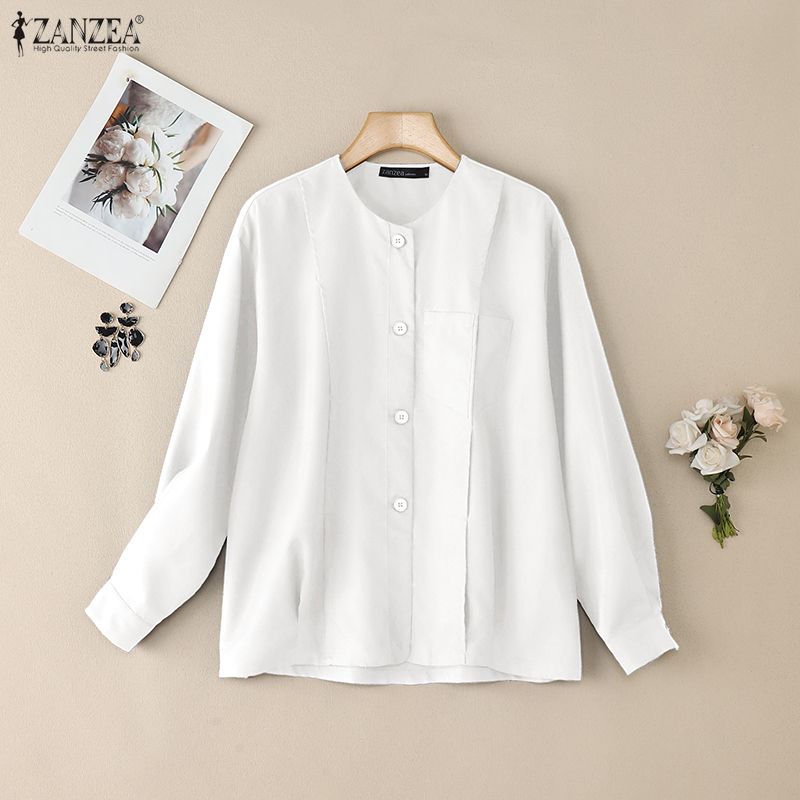 ZANZEA Women Casual Round Neck Solid Color Long Sleeve Blouse