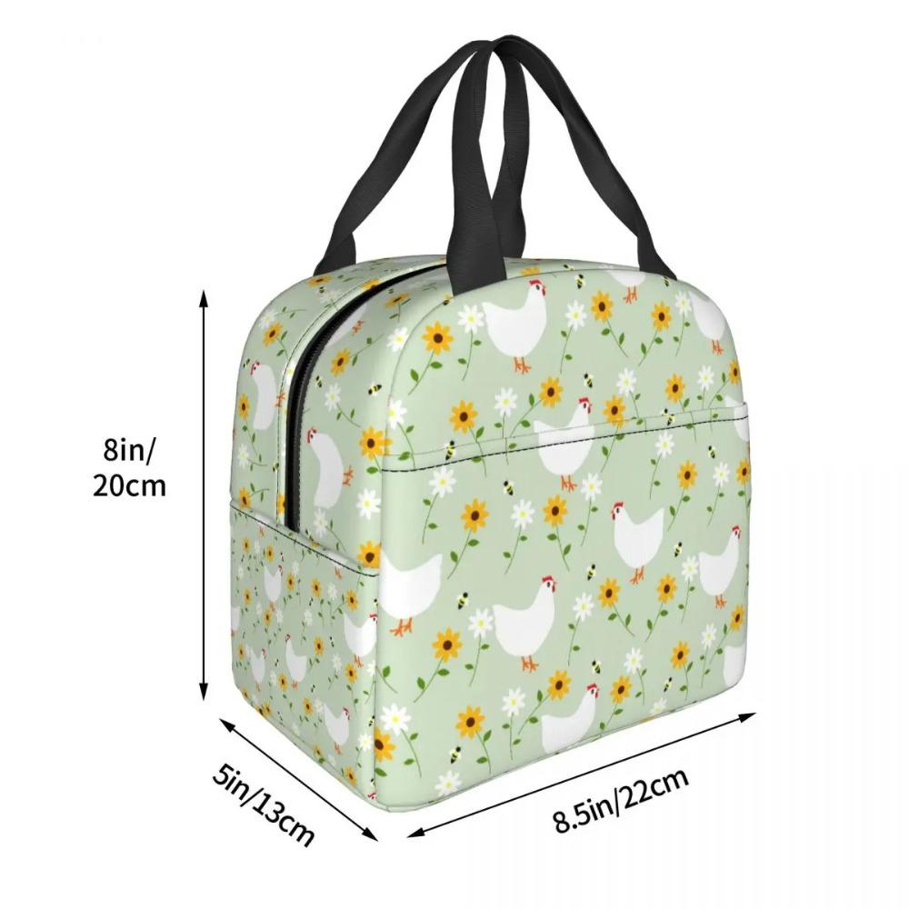 White Chickens And Floral Pattern Insulated Lunch Bag for Women Kids Leakproof Food Boxes Thermal Lunch Box Tote