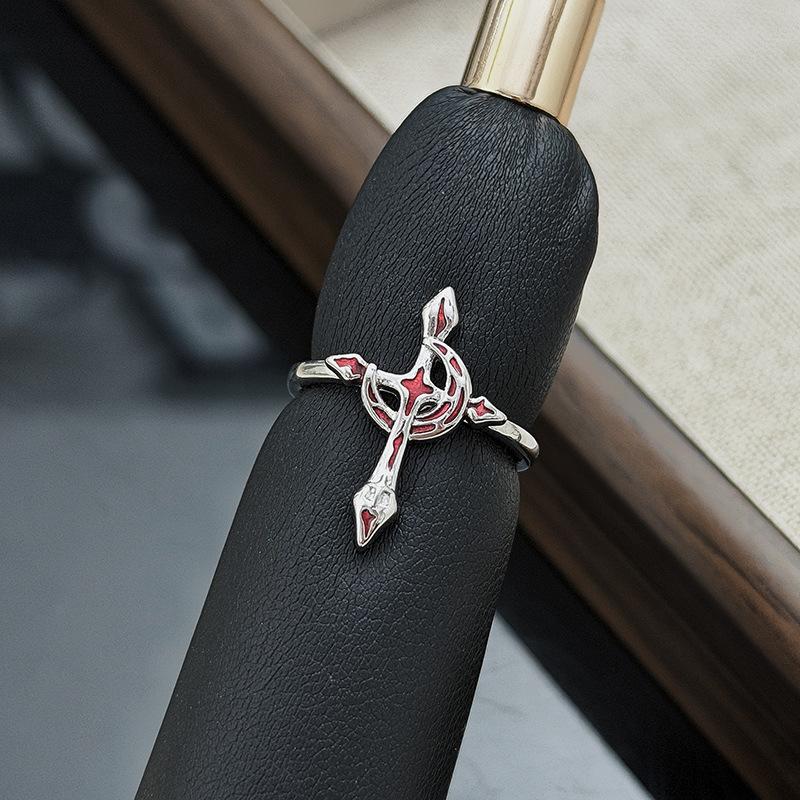 Gothic Spice Girl Red Enamel Zircon Cross Tide Opening Ring Sweet Cool Dark Premium Ring