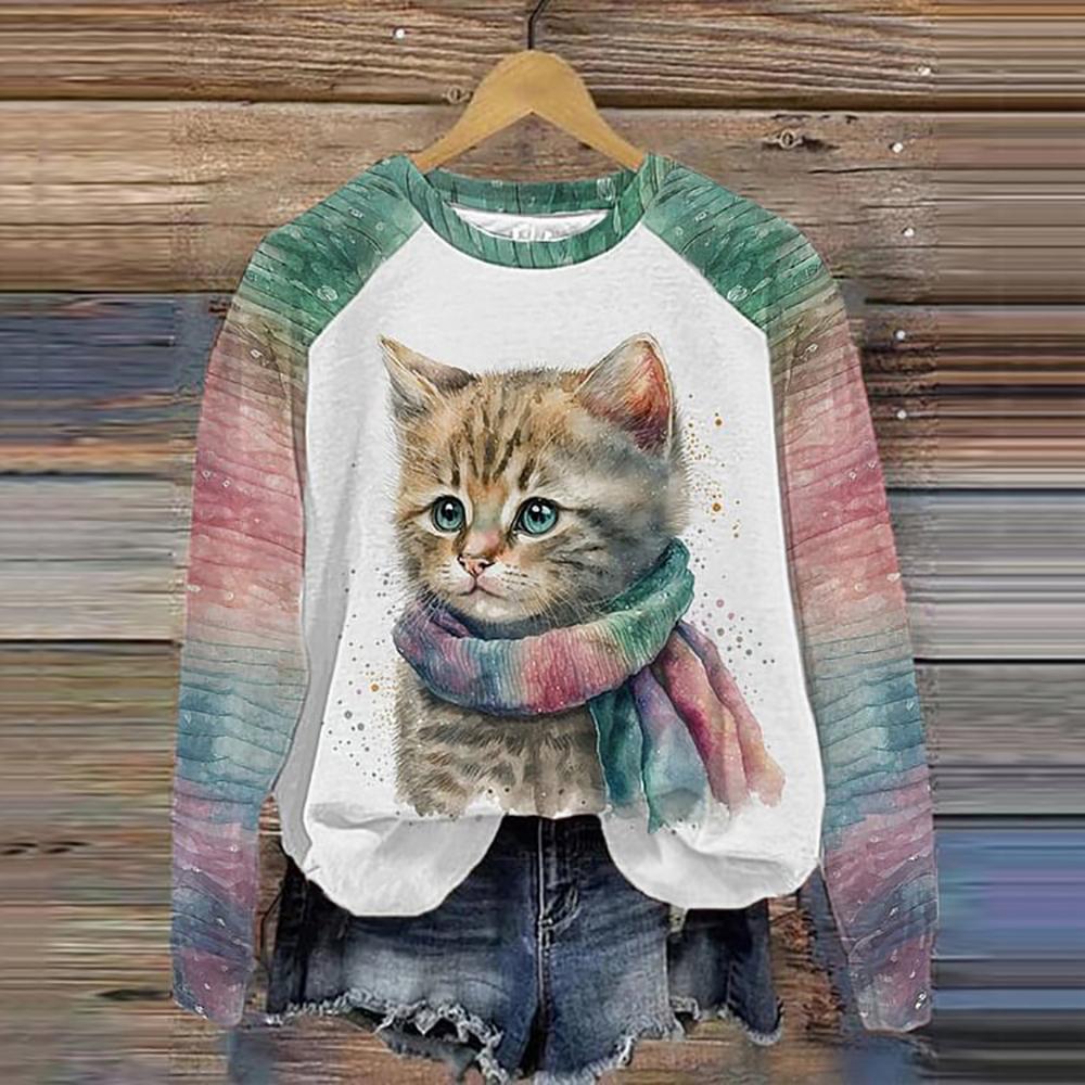 Cotton Long Sleeve T-Shirts For Women Funny Kawaii Cat Animals Print Sweatshirts Female Cute O-Neck Pullover Woman Sweatshirt