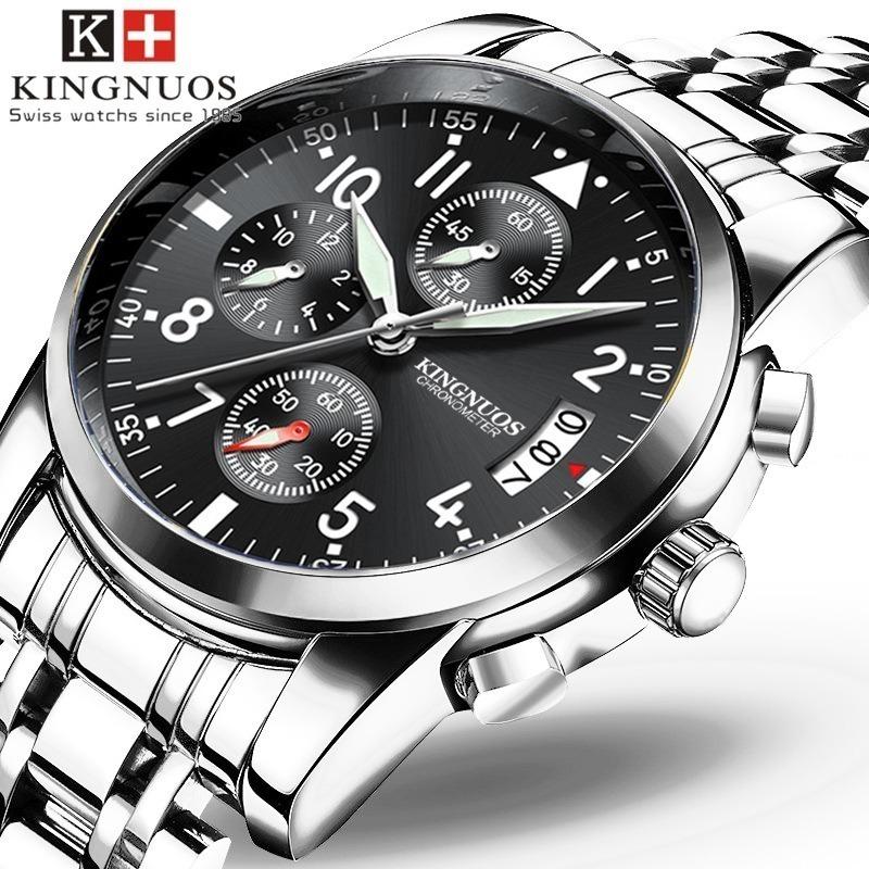 

KINGNUOS модные повседневные часы с тремя глазами и шестью руками, многофункциональные спортивные мужские часы со стальным ремешком, водонепроницаемые светящиеся часы