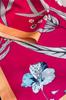 Scarf 90x90 with a red background and blue hydrangea - Energetic Elegance