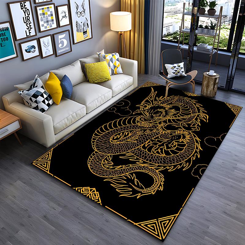 Golden Dragon Patterned Black Carpet with Modern Abstract Oriental Style Suitable for Use As an Anti-slip for Living Room Bedroom Sofas