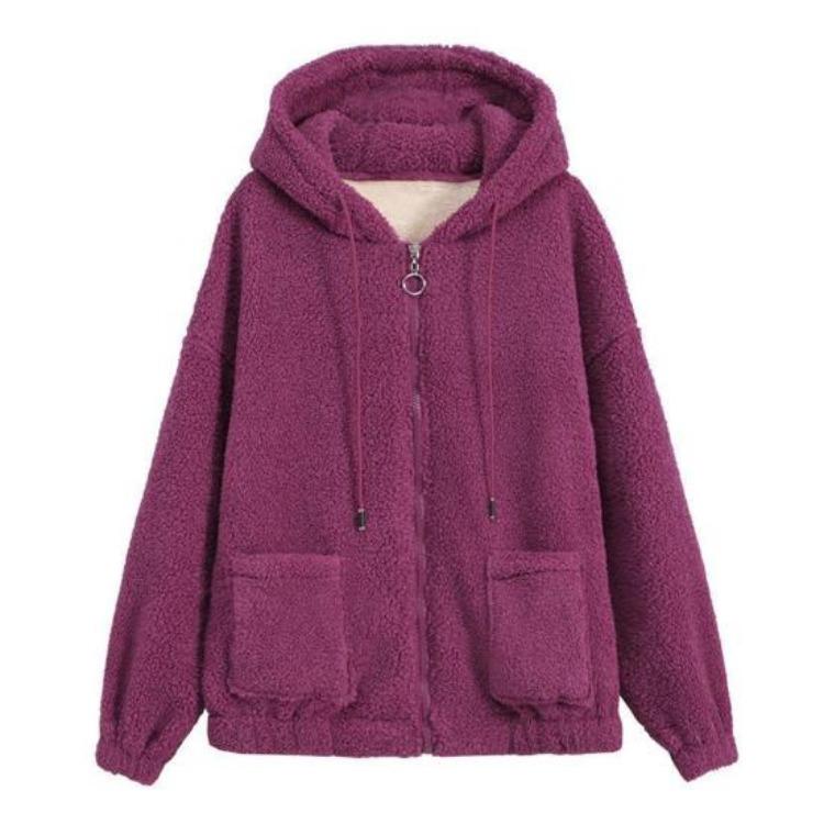 Winter Women Fleece Hoodie Windproof Thick Outerwear Cardigan Jacket with Drawstring Hood Full Sleeves Zipper Closure