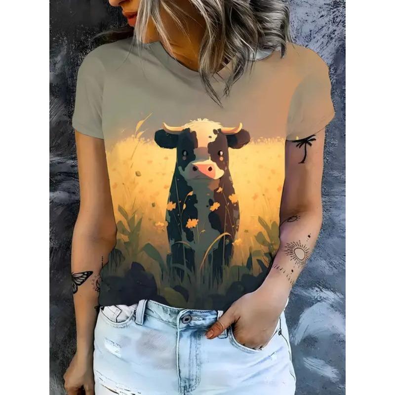 Sommer Rund Hals 3D Dyreprint Topp Moteable Casual Kortarmet Dame T-skjorter