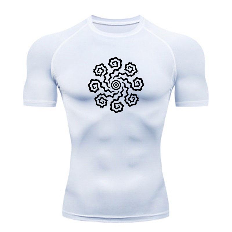 Men's Compression Fitness Sports T-Shirt, Abstract Spiral Sun Totem Print Quick Dry Breathable Athletic Top for Gym Workout Running Training Active We
