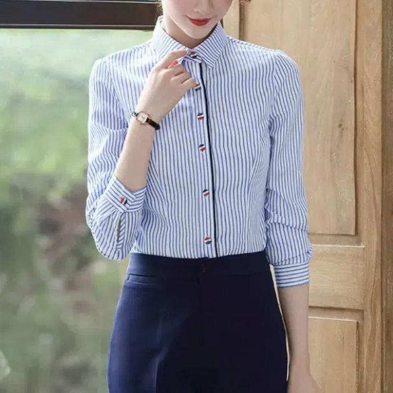 Spring Thin Striped Blouses Women's Commute All-match Polo Collar Loose Solid Color Casual Single-breasted Long Sleeve Shirts