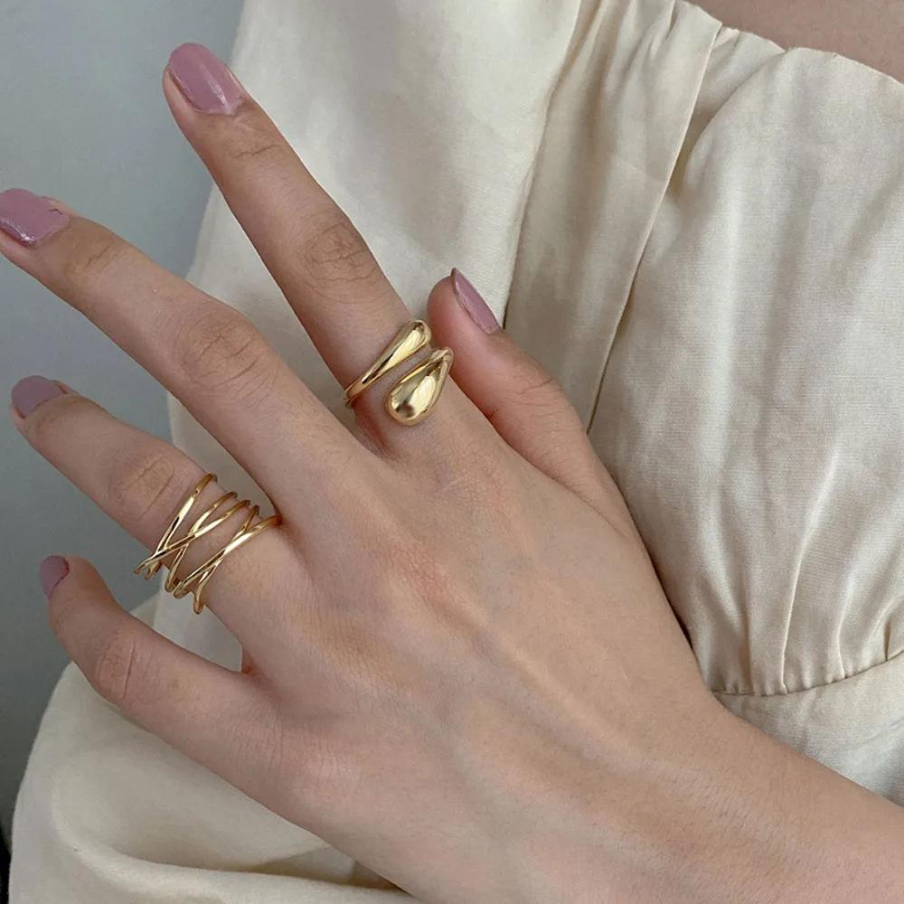 Multiple Styles 14K Gold Color Open Ring Cuffs for Women Arrow Heart Leaf Bamboo Layers Wrapped Resizable Ring Jewelry Gift