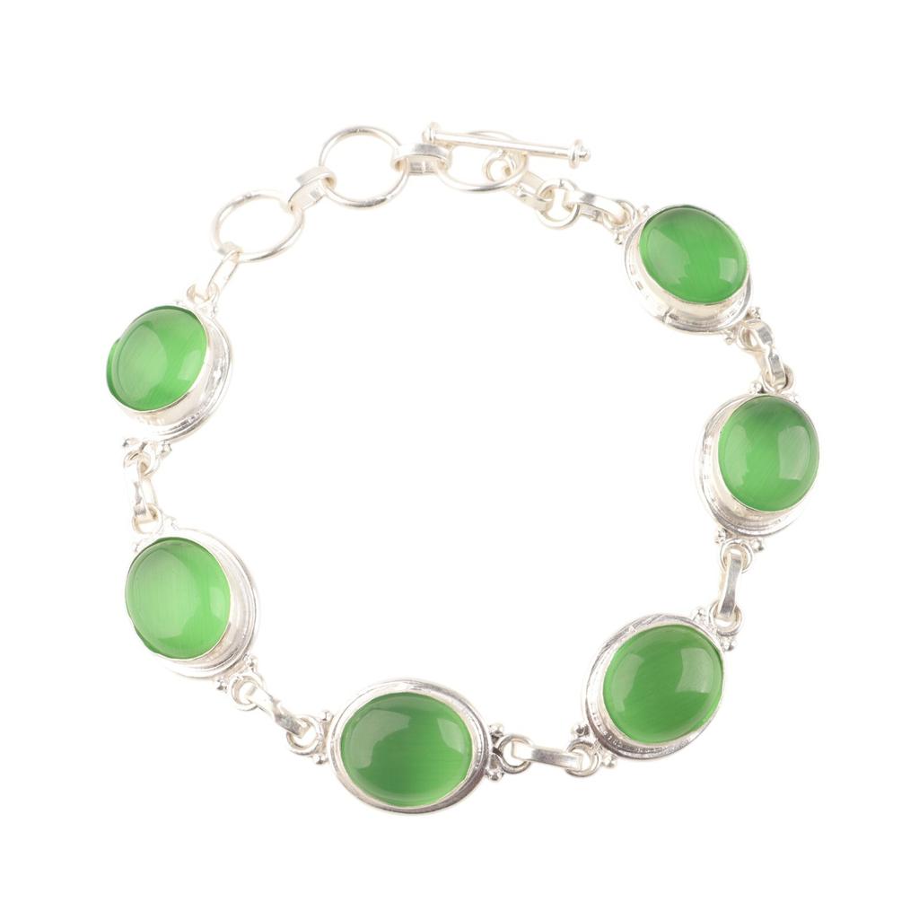 Natural Green Cat's Eye Gemstone 925 Sterling Silver Handmade Boho Bracelet 8.5" RB-3-24
