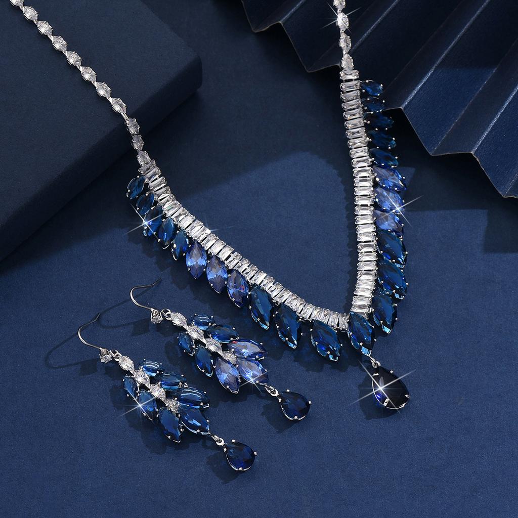 3PC Women's Fashion Zircon Water Drop Necklace Earrings Zircon Set Design Sense Wedding Party Festival Gift-8553