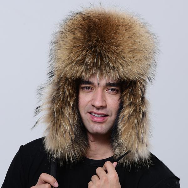 

Роскошная мужская меховая шапка, зимняя теплая толстая шапка-бомбер из натурального меха енота, шапки-ушанки One Size