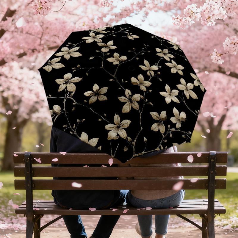 1pc Floral Pattern Black Automatic Folding Umbrella, Heavy Duty 8 Rib Iron Frame,  Suitable for Travel, Daily Use, Birthday, Decor Gift m0104080