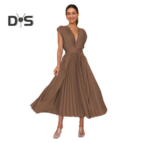 

Женское платье макси без рукавов с глубоким V-образным вырезом, летнее плиссированное коктейльное длинное платье с высокой талией и открытой спиной для вечеринки в клубе S коричневый
