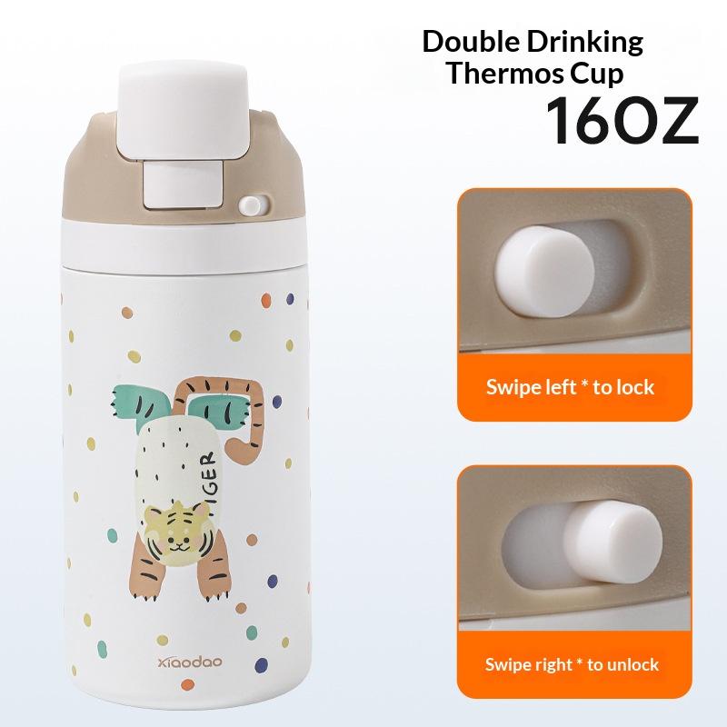 Double Drink Fruit Cup High Aesthetic 304 Stainless Steel Thermos Cup Cartoon Water Bottle For Students With Straw And Jump Lid