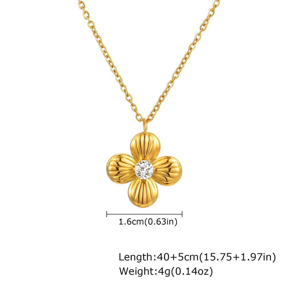Wind Sweet Girl Stainless Steel Shiny Zircon Bow Flower Necklace Plated 18K Gold Nc-2380
