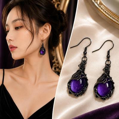 Elegant Vintage Purple Crystal Drop Earrings Hollow Carved Retro Dangle Earrings Perfect Gift for Girlfriend Anniversary