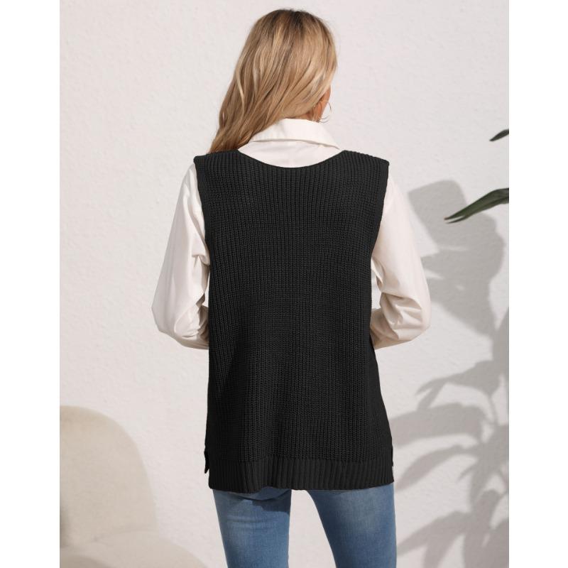 Women's Autumn and Winter Double Pocket Patchwork V-Neck Casual Sweater Vest