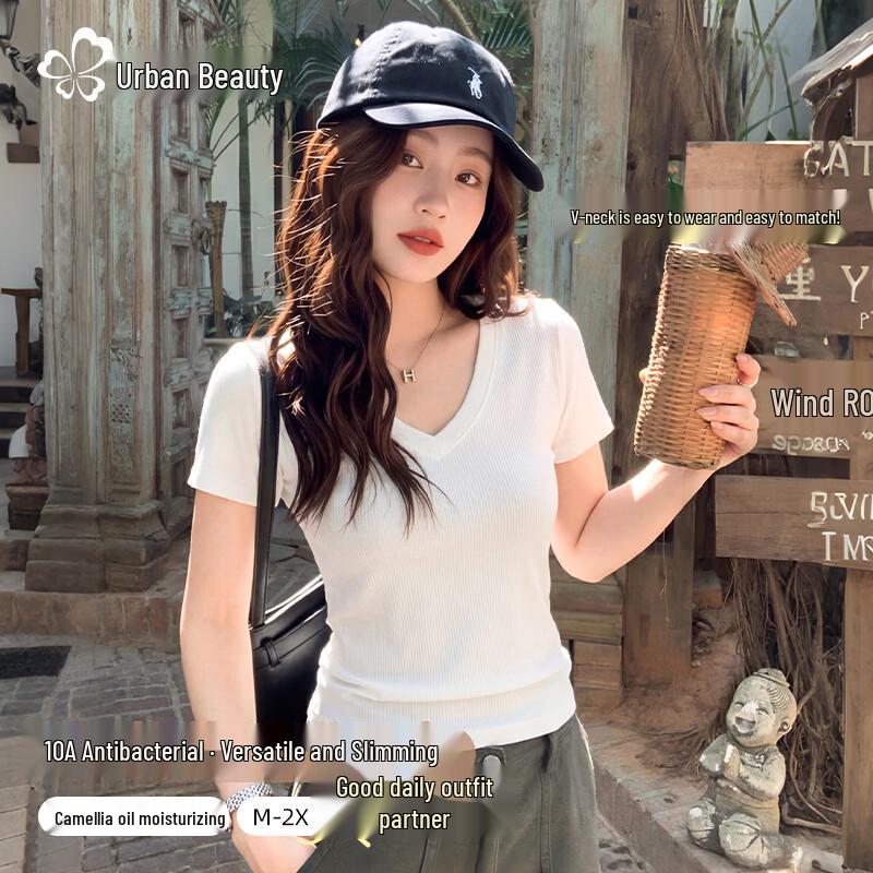 Women s V-Neck Slim Fit Short Sleeve T-Shirt with Camellia 10A Antibacterial