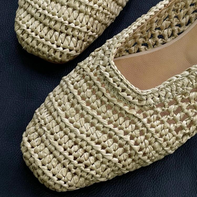 Fårskinnsversion~ nisch retrostil raffia ihåligt vävda plattbottnade enskor damskor grund mun fyrkantig tå mormorsskor damskor