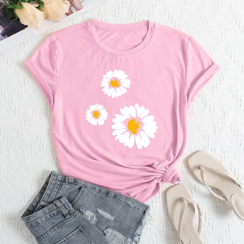 Sommer Damen T-Shirts mit Drei-Gänseblümchen-Print, locker, Rundhalsausschnitt, lässig, reine Baumwolle, kurzärmelig, Damen