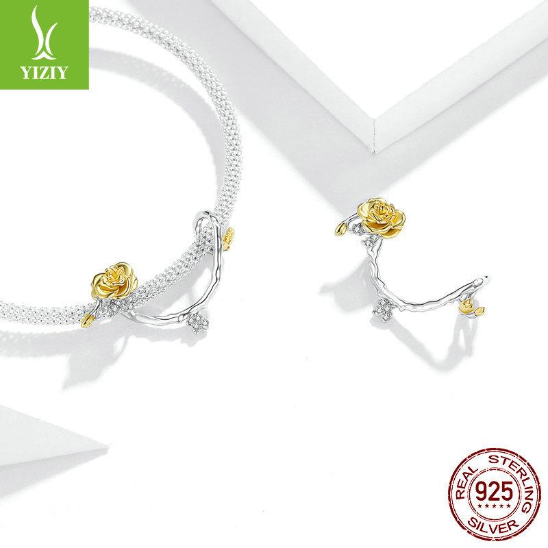 Gold Plated Rose Vine Beaded Charm925 Valentine Diy Accessories Bsc322