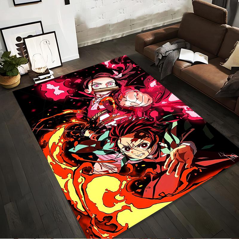 Anime Style Carpet with Fiery Red and Black Design, Bold Characters Suitable for Use As an Anti-slip for Living Room Bedroom Sofas