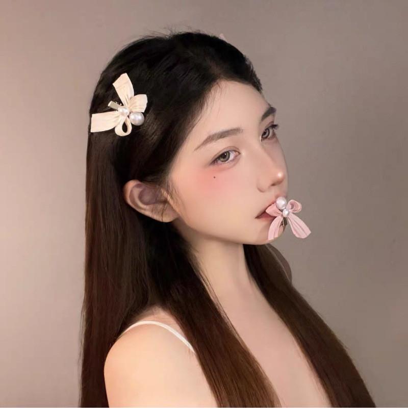 Mesh Bow Pearl Hair Clip Female Korean Holiday Fashion Duckbill Clip Hair Accessories