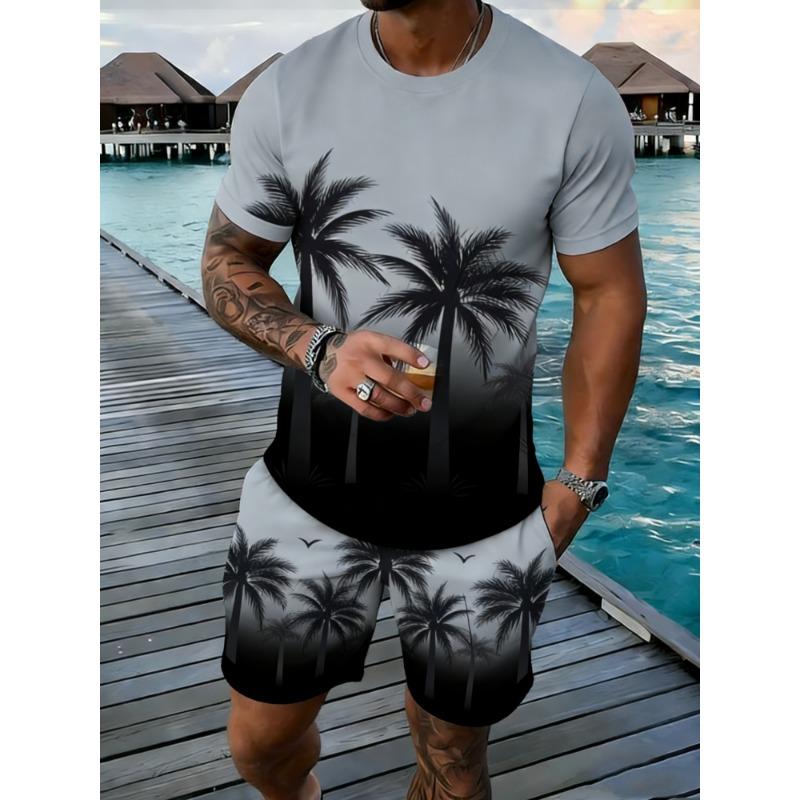 Popular Coconut Tree Printed T-shirt Sets Hawaii Style Tee Shorts Outfits Summer Vacation Two-piece Sets Hot Sell Men's Clothing
