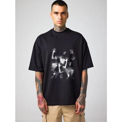 Übergroßes Rundhals-T-Shirt Schwarz Abstraktes Handdruck-Design Streetwear Freizeitkleidung
