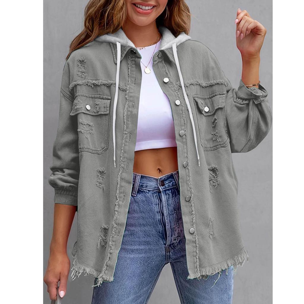 Trendig damjacka i denim, medellång, lös, fransad - Europeisk & Amerikansk Stil Mode Slag Casual Kläder