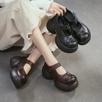 Genuine Leather Thick Soled Mary Jane Shoes Retro Round Toe Pumps Comfortable Women's Shoes