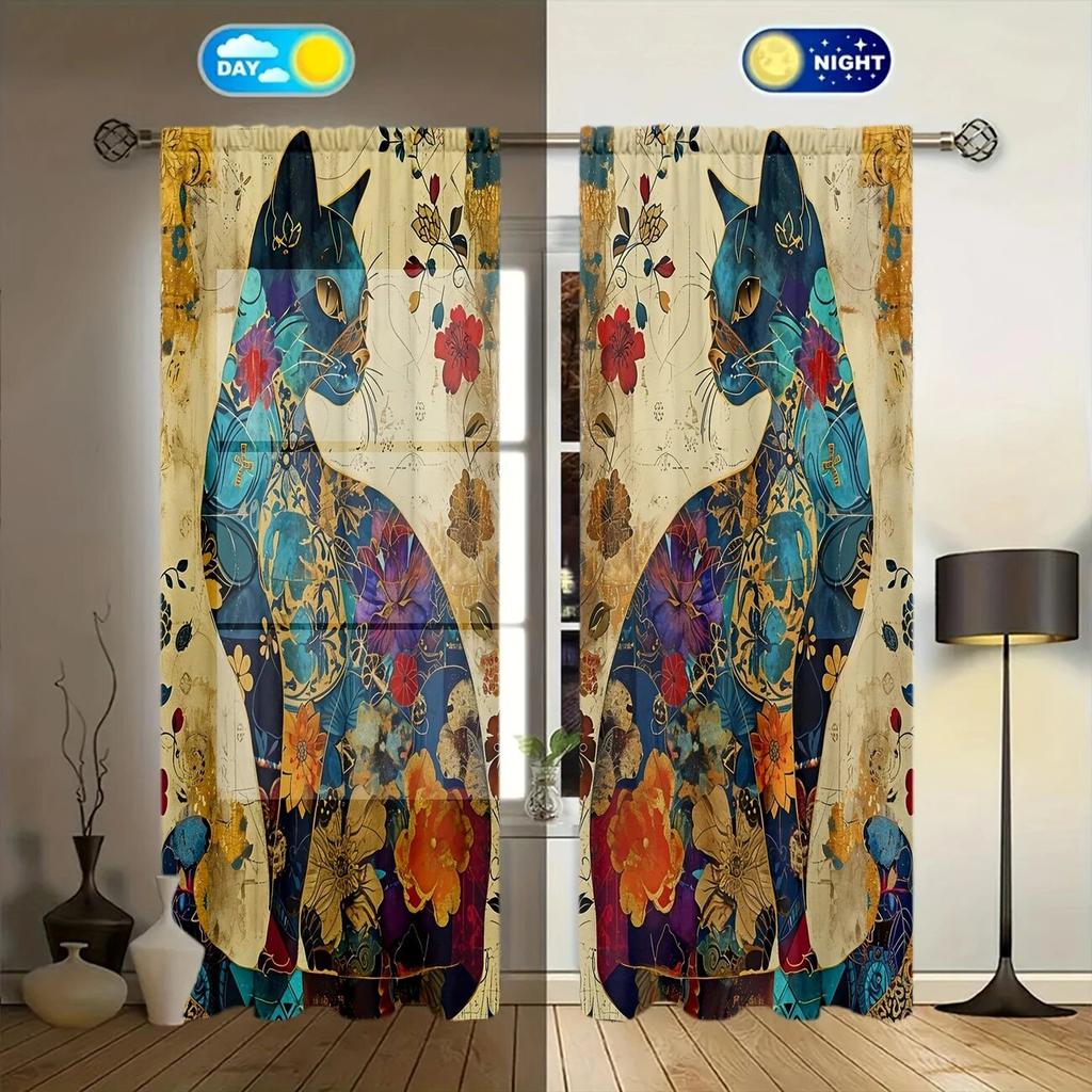 2pcs- Bohemian Cat Print Curtains   Pole Bag Curtains 42*84   Bedroom and Living Room   Home Decoration   Room Decoration
