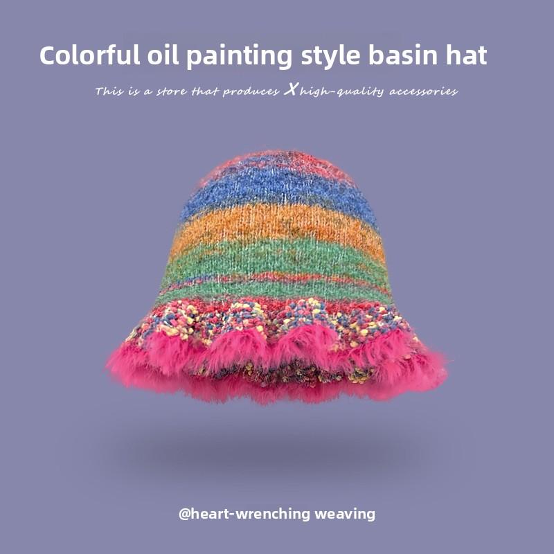 Vintage color striped oil painting wind lotus leaf edge fisherman's hat children autumn and winter warm knitted basin hat tide