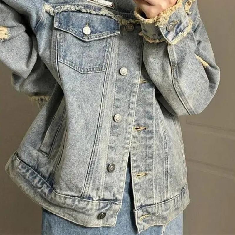 IHUASU Women's Vintage Casual Denim Autumn & Winter Long Sleeve POLO Collar Jacket & Coat