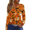 Women's Fashion Casual Halloween Printed V-Neck Button Trim Long Sleeve T-Shirt Top