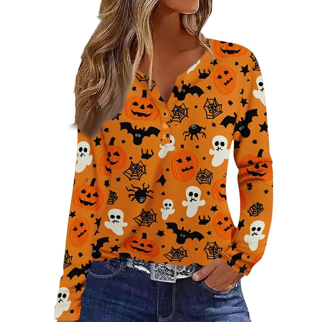 Women's Fashion Casual Halloween Printed V-Neck Button Trim Long Sleeve T-Shirt Top