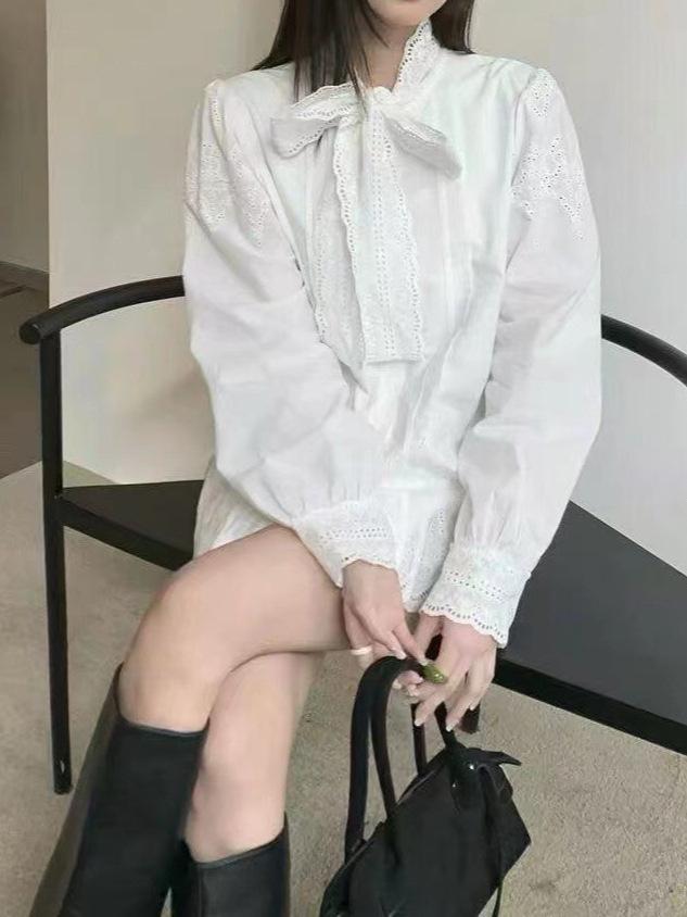 2026 French Light Luxury Lace Embroidery Women's Bow Tie Loose Top for Early Spring