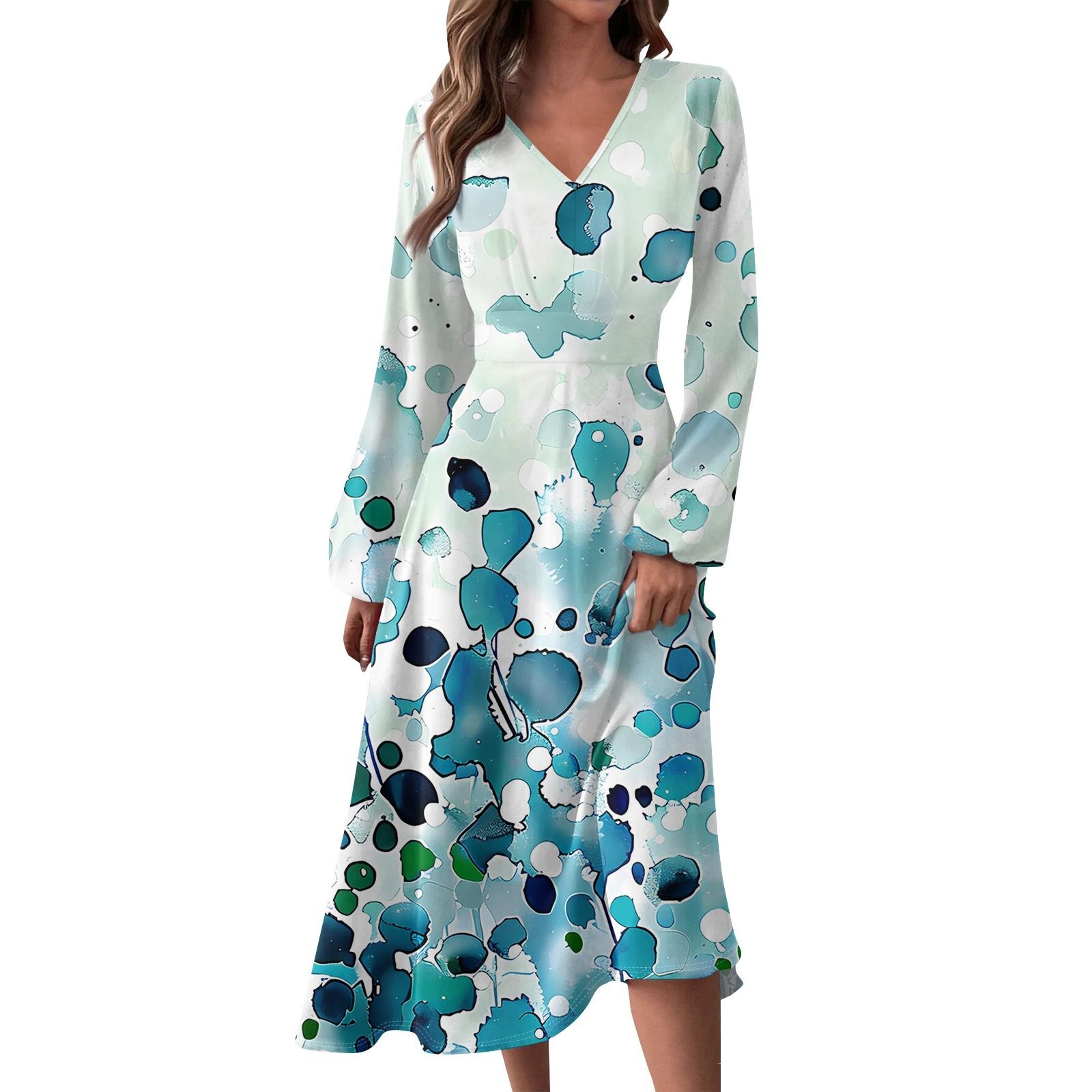 

Women s Autumn And Winter Casual Fashion V-neck Long Sleeve Print Long Dress XXL ціан