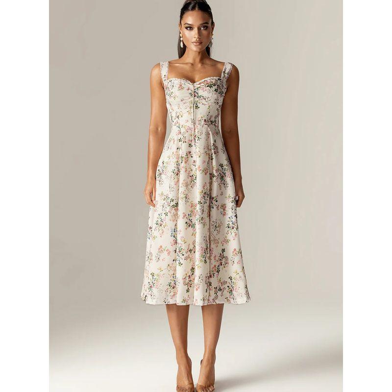 Encounter Flowers French Sweet Vintage Floral Lace Patchwork Pure Desire Split Suspender Skirt Mid Length Long Length Dress