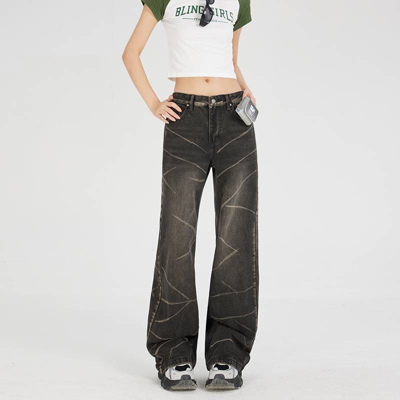 

JYL Women s Wide-Leg Jeans Plaid Belt Cartoon Embroidered Summer Denim Pants M алиса синий