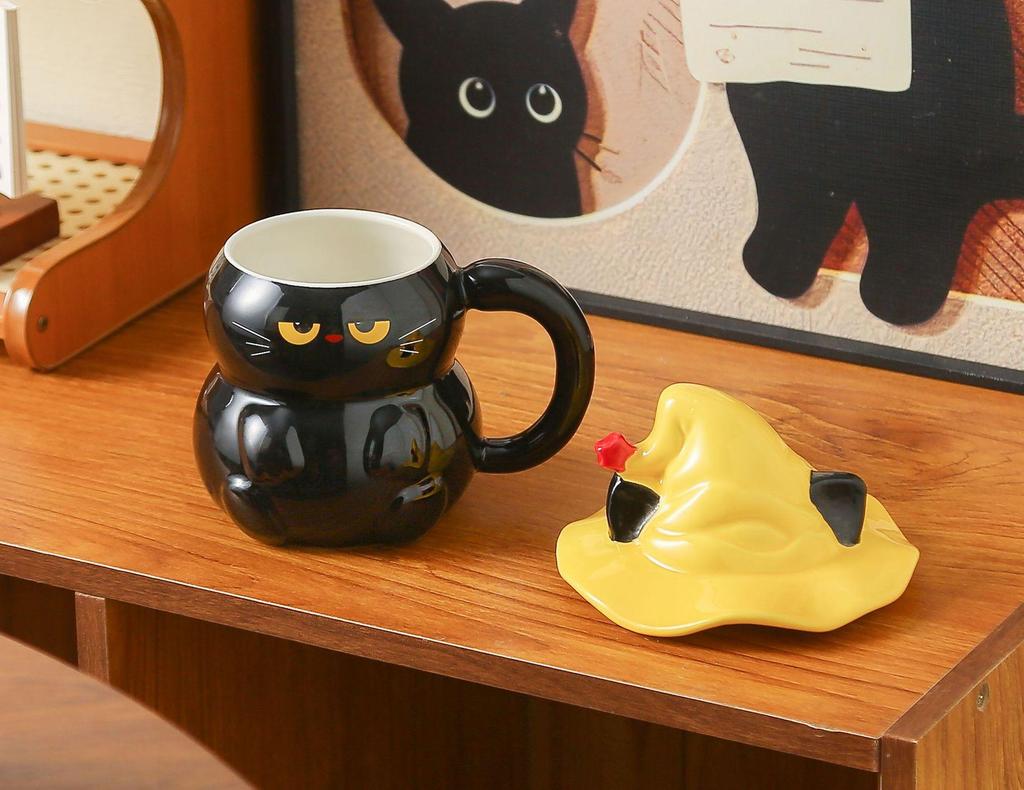 Enchanting Cat Ceramic Mug with Lid - Ghost Hat Design, Perfect for Couples