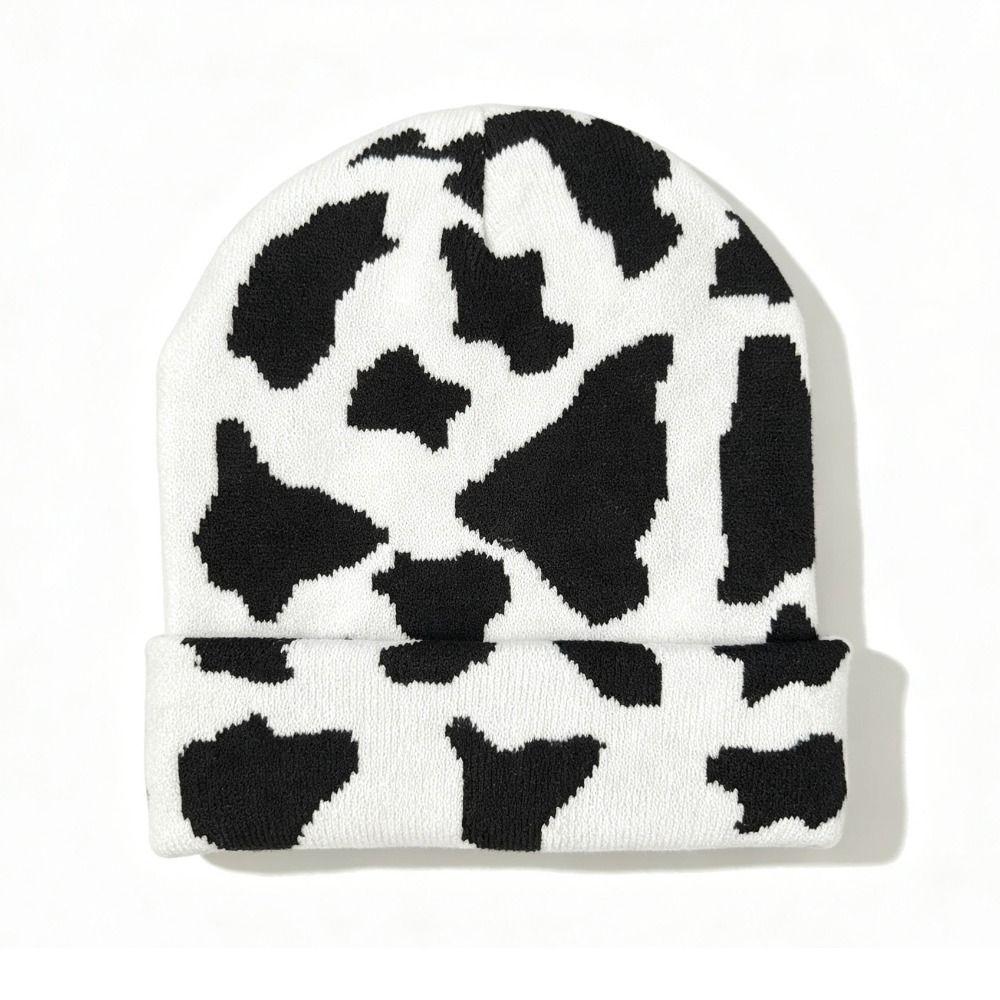 Cow Print Knitted Hat Windproof Warm Hat New Street Cap Unisex