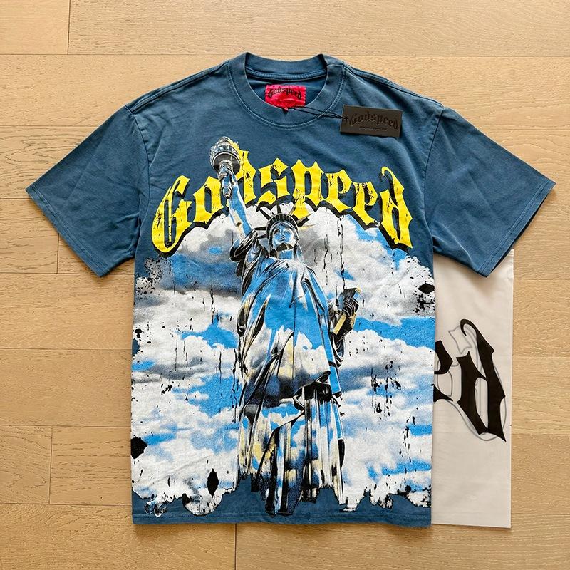 Godspeed retro printing foreign trade beauty tide high street men and women casual trend hip hop apricot old short sleeve T-shirt