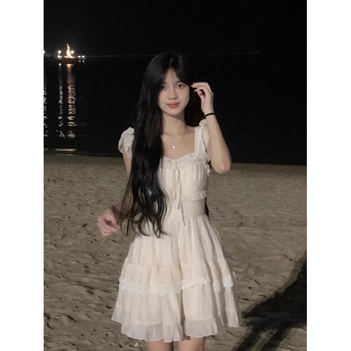 French Style Petite Waist Square Neck Cap Sleeve Dress for Women - Slimming Summer Short Dress