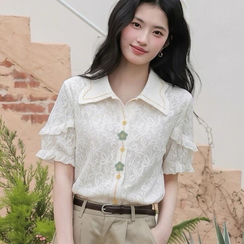 Ladies' Floral Embroidered Shirt Female Turn-Down Collar Butterfly Sleeve Blouse Summer New Korean Style Versatile Top