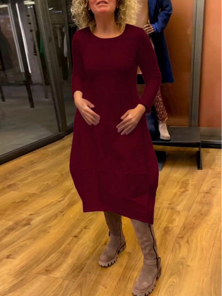 Vestido de Otoño/Invierno 2024 Moda Europea y Americana Color Sólido Manga Larga Cuello Redondo para Mujer