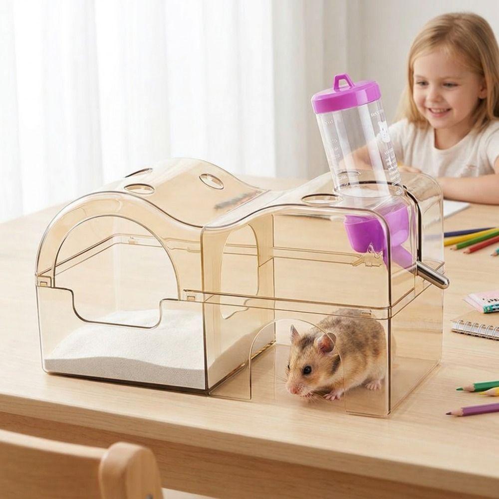 3 in 1 Hamster Hideout Detachable Acrylic Hamster House Habitat Chew-Proof Spacious 2-Story Guinea Pig Bathtub Sleeping Den